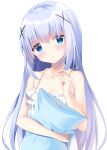  1girl :o bangs bare_arms bare_shoulders blue_eyes blue_hair blush collarbone commentary_request dress eyebrows_visible_through_hair frilled_dress frills gochuumon_wa_usagi_desu_ka? hair_between_eyes hair_ornament hand_up head_tilt highres kafuu_chino long_hair looking_at_viewer object_hug parted_lips pillow pillow_hug pizzzica simple_background sleeveless sleeveless_dress solo very_long_hair white_background white_dress x_hair_ornament 