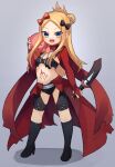  1girl :d abigail_williams_(fate) armor bangs black_footwear black_panties blonde_hair blue_eyes blush boots breastplate breasts bridal_gauntlets cape chloe_von_einzbern chloe_von_einzbern_(cosplay) commentary cosplay fate/grand_order fate/kaleid_liner_prisma_illya fate_(series) forehead full_body hair_bun half_updo highres holding holding_sword holding_weapon knee_boots long_hair long_sleeves looking_at_viewer miya_(miyaruta) open_mouth panties parted_bangs red_cape shrug_(clothing) small_breasts smile stomach_tattoo stuffed_animal stuffed_toy sword tattoo teddy_bear underwear waist_cape weapon 