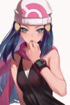  1girl absurdres bare_shoulders beanie black_shirt blue_eyes blue_hair blush breasts dawn_(pokemon) grey_background hand_on_own_chin hat highres long_hair looking_at_viewer md5_mismatch medium_breasts parted_lips pink_scarf pokemon pokemon_(game) pokemon_dppt resolution_mismatch revision scarf shiny shiny_skin shirt simple_background sleeveless sleeveless_shirt solo source_smaller teeth torriet upper_body white_headwear 