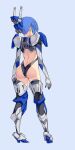  1girl ass back_cutout black_leotard blue_background blue_hair boots clothing_cutout commentary duel_gundam from_behind full_body gloves grey_gloves gundam gundam_seed hair_behind_ear highres i.takashi leotard mecha_musume metal_boots open_hand personification solo thigh_boots thighhighs tied_hair 