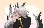  2girls animal_ears arknights artist_name black_jacket black_sweater blush closed_eyes commentary dl dragon_girl dragon_horns dragon_tail ear_ornament english_commentary frostnova_(arknights) grey_hair hair_ornament hairclip headpat heart horns jacket kiss kissing_cheek long_hair multiple_girls rabbit_ears ribbed_sweater scar scar_across_eye scar_on_face scar_on_nose sweater tail tail_wagging talulah_(arknights) talulah_the_fighter_(arknights) upper_body yuri 