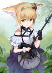  1girl animal_ear_fluff animal_ears apron arknights bangs bare_shoulders black_gloves blue_hairband brown_hair closed_mouth commentary day edowa fox_ears gloves green_eyes hair_between_eyes hairband highres holding looking_at_viewer multicolored_hair outdoors purple_skirt shirt single_glove skirt smile solo suzuran_(arknights) two-tone_hair waist_apron white_apron white_hair white_shirt 