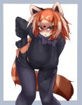  1girl absurdres animal_ears black_bow black_bowtie black_gloves black_legwear black_sweater blush border bow bowtie breasts commentary_request eyebrows_visible_through_hair gloves grey_border hair_between_eyes highres kemono_friends kemono_friends_2 large_breasts leaning_forward lesser_panda_(kemono_friends) looking_at_viewer orange_eyes orange_hair outside_border pantyhose simple_background solo sweatdrop sweater tail triangle_mouth urisaba white_background 