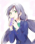  1girl breasts card closed_mouth commentary_request green_eyes kagiana long_hair looking_at_viewer love_live! love_live!_school_idol_project purple_hair school_uniform scrunchie simple_background smile solo toujou_nozomi twintails 