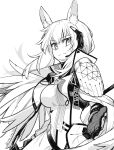  1girl animal_ear_fluff animal_ears arknights armor breasts character_name clothes_writing commentary eyebrows_visible_through_hair greyscale headset highres horse_ears implied_extra_ears large_breasts long_hair looking_at_viewer monochrome nearl_(arknights) nearl_the_radiant_knight_(arknights) official_alternate_costume outstretched_hand pauldrons shoulder_armor simple_background solo twitter_username upper_body white_background wings yom_(ymayma00ss) 
