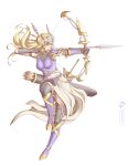  1girl aiming armor armored_boots armored_dress arrow_(projectile) blonde_hair boots bow cleru_(cleruuuuu) feathers gem gloves gold_trim helmet highres purple_armor silmeria_valkyrie valkyrie valkyrie_profile winged_helmet 