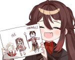  1girl :d ^_^ ahoge bangs black_jacket blood blush brown_hair closed_eyes commentary_request crayon_(medium) fang genshin_impact hair_flaps hilichurl_(genshin_impact) holding holding_drawing holding_paper hu_tao_(genshin_impact) jacket long_hair long_sleeves miyako_draw open_mouth paper red_shirt shirt sidelocks smile solo traditional_media twintails upper_body very_long_hair younger zhongli_(genshin_impact) 