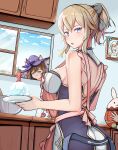  3girls :3 absurdres apron ass back bangs bare_shoulders blonde_hair blue_eyes blue_sky bow breasts brown_hair cake day flower food genshin_impact green_eyes hair_bow hat hat_belt hat_flower high_ponytail highres holding holding_plate jean_(genshin_impact) kitchen klee_(genshin_impact) large_breasts lisa_(genshin_impact) looking_at_another multiple_girls open_mouth out_of_frame pants pink_apron plate potato_h purple_flower purple_headwear purple_rose rose sideboob sidelocks sky solo_focus tight tight_pants white_pants window witch witch_hat 