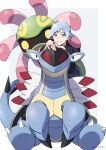  1boy absurdres armaldo bangs black_shirt blue_eyes blush claws commentary cradily grey_hair highres jewelry leaning_forward looking_at_viewer male_focus pants parted_lips pokemon pokemon_(creature) pokemon_(game) pokemon_rse ring shirt short_hair sitting smile steven_stone twitter_username xia_(ryugo) younger 
