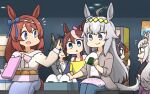  6+girls ahoge animal_ears arcade arcade_cabinet bandaid bandaid_on_nose bangs belt bench biwa_hayahide_(umamusume) black_hair braid brown_hair ceiling_light chewing chibi denim dress food fuji_kiseki_(umamusume) glasses hamu_koutarou hand_on_own_chin highres horse_ears horse_girl horse_tail indoors jacket jeans long_hair lunchbox midriff multiple_girls narita_brian_(umamusume) notice_lines oguri_cap_(umamusume) onigiri open_mouth pants semi-rimless_eyewear shirt short_hair siblings sisters sitting smile super_creek_(umamusume) tail tokai_teio_(umamusume) umamusume white_hair white_shirt yellow_shirt 