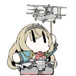  1girl aircraft airplane black_footwear blonde_hair boots chibi commentary_request corset cropped_jacket dress_shirt flower green_jacket holding jacket kantai_collection long_hair looking_up military military_uniform military_vehicle no_mouth rose shirt simple_background skirt solo stick supermarine_walrus task_(s_task80) tiara underskirt uniform victorious_(kancolle) white_background white_shirt white_skirt |_| 