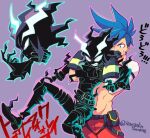  2boys angry armlock ascot belt blue_hair boots commentary_request fire frills galo_thymos lio_fotia looking_at_another male_focus multiple_boys navel outline pants promare purple_background sharp_teeth short_hair sidecut soyasengoku spiked_hair teeth twitter_username 