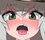  1girl bangs black_headwear blush bow close-up commentary_request crooked_teeth eyebrows_visible_through_hair eyes_visible_through_hair face green_eyes hair_between_eyes hat hat_bow highres komeiji_koishi light_green_hair looking_at_viewer medium_hair nose_blush open_mouth oral_invitation saliva saliva_trail solo teeth tongue topadori touhou uvula yellow_bow 