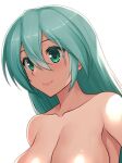  1girl alternate_hairstyle aqua_eyes aqua_hair blurry blush breasts cleavage closed_mouth collarbone commentary depth_of_field eyebrows_visible_through_hair hair_between_eyes hair_down hatsune_miku highres hormone_koijirou large_breasts lips long_hair out-of-frame_censoring simple_background smile solo topless upper_body vocaloid white_background 