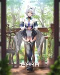  1girl blush boots breasts character_name copyright_request fence fukai_ryosuke full_body headband highres official_art open_mouth short_hair silver_hair solo thighhighs thighs virtual_youtuber wings yellow_eyes 