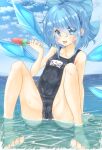  1girl alternate_costume bangs barefoot blue_bow blue_eyes blue_hair blue_sky blush bow breasts cameltoe cirno cloud commentary_request day eyebrows_visible_through_hair eyes_visible_through_hair food full_body hair_between_eyes hair_bow highres hyper_muteki_(artist) ice ice_wings looking_at_viewer m_legs name_tag open_mouth outdoors popsicle school_swimsuit short_hair sky small_breasts solo spread_legs swimsuit toes tongue tongue_out touhou water watermelon_bar wings 
