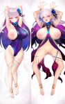  1girl absurdres areolae armpits arms_behind_head arms_up ass_visible_through_thighs bangs bare_legs bare_shoulders bed_sheet blue_hair blue_swimsuit blush breast_slip breasts commentary_request dakimakura_(medium) earrings eyebrows_visible_through_hair fate/grand_order fate_(series) flower hair_flower hair_ornament hair_ribbon highres jewelry kama_(fate) kama_(swimsuit_avenger)_(fate) kunabishi large_areolae large_breasts long_hair looking_at_viewer lotus lying multicolored_hair multiple_views nipples on_back one-piece_swimsuit one_breast_out open_mouth pussy red_eyes revealing_clothes ribbon sample sideboob silver_hair smile star_(symbol) star_earrings swimsuit tears two-tone_hair 