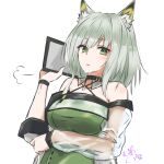  1girl animal_ear_fluff animal_ears arknights bangs bare_shoulders cat_ears clipboard closed_mouth commentary_request detached_collar dress eyebrows_visible_through_hair green_dress green_eyes green_hair hand_up highres holding holding_clipboard kal&#039;tsit_(arknights) maiq06 off-shoulder_dress off_shoulder oripathy_lesion_(arknights) see-through_sleeves short_hair_with_long_locks solo upper_body white_background 
