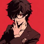  1boy adjusting_eyewear amamiya_ren black-framed_eyewear brown_eyes brown_hair chevrons commentary english_commentary finger_to_face glasses high_contrast jacket long_sleeves looking_at_viewer male_focus moshimoshibe patch persona persona_5 persona_5_the_royal portrait red_background school_uniform shuujin_academy_uniform simple_background smile solo texture turtleneck upper_body wavy_hair 