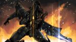  blue_eyes extra_eyes f-22a_raptor_(muvluv) fire glowing glowing_eyes gun highres holding holding_gun holding_weapon kawasemi_alter looking_at_viewer mecha muvluv muvluv_alternative no_humans open_hand science_fiction solo tactical_surface_fighter weapon 