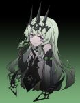  1girl absurdres asymmetrical_gloves bangs bare_shoulders black_gloves breasts claw_ring cleavage commentary crown gloves green_hair grin highres honkai_(series) honkai_impact_3rd long_hair looking_at_viewer luolijizhengyi199 mismatched_gloves mobius_(honkai_impact) open_mouth purple_eyes small_breasts smile solo teeth wavy_hair 