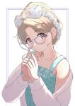  1girl absurdres bangs bare_shoulders blonde_hair blush border bow bow_hairband brown_eyes camisole cb_(cb_hayaoki) closed_mouth collarbone eyebrows_visible_through_hair frills fur_jacket glasses hair_ornament hairband hairclip head_tilt highres ichikawa_hinana idolmaster idolmaster_shiny_colors jacket long_sleeves looking_at_viewer off_shoulder open_clothes open_jacket outside_border own_hands_together parted_bangs purple-framed_eyewear purple_border short_hair simple_background solo upper_body white_background white_bow white_hairband white_jacket 