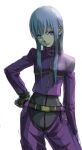  1girl absurdres belt blue_hair bodysuit chaps closed_mouth gloves highres kula_diamond long_hair looking_at_viewer purple_eyes red_eyes simple_background solo the_king_of_fighters the_king_of_fighters_2000 white_background yamamoto_souichirou 