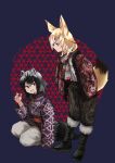  2girls alternate_costume animal_ears black_footwear black_hair black_pants blonde_hair blue_jacket boots brown_eyes commentary_request common_raccoon_(kemono_friends) dated extra_ears eyebrows_visible_through_hair fennec_(kemono_friends) fox_ears fox_girl fox_tail fur_trim grey_hair hands_in_pockets highres jacket kemono_friends knee_boots long_sleeves multicolored_hair multiple_girls nanana_(nanana_iz) pants patterned_clothing raccoon_ears raccoon_girl raccoon_tail red_jacket tail two-tone_hair white_fur white_hair white_pants 