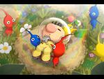  1boy 6+others bad_end big_nose brown_hair clover commentary flower gonzarez grass highres letterboxed multiple_others olimar outdoors pikmin pikmin_(creature) pikmin_(series) pointy_ears rainbow space_helmet spacesuit 