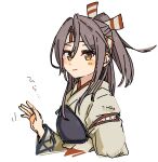  1girl blush_stickers brown_eyes closed_mouth eyebrows_visible_through_hair hachimaki headband high_ponytail highres hinata_hibari japanese_clothes kantai_collection kimono light_brown_hair long_hair long_sleeves looking_at_viewer muneate simple_background solo upper_body white_background white_kimono wide_sleeves zuihou_(kancolle) 