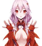  1girl \||/ bare_shoulders breasts breasts_apart center_opening commentary elbow_gloves fingerless_gloves gloves guilty_crown hair_ornament hairclip long_hair looking_at_viewer oh~yes open_mouth pink_hair red_eyes simple_background solo twintails white_background yuzuriha_inori 