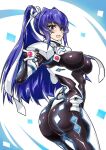  1girl absurdres ass black_bodysuit blue_eyes blue_hair blush bodysuit breasts covered_nipples fortified_suit from_behind hair_intakes highres impossible_bodysuit impossible_clothes large_breasts long_hair looking_at_viewer looking_back mitsurugi_meiya muvluv muvluv_alternative open_mouth pilot_suit ponytail sangyou_haikibutsu_a shiny shiny_clothes shiny_hair skin_tight smile solo 