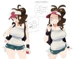  1girl absurdres annoyed baseball_cap black_vest blank_eyes blue_eyes breasts commentary denim denim_shorts english_commentary english_text hair_behind_ear hat highres hilda_(pokemon) holding holding_poke_ball large_breasts multiple_views nervous open_mouth poke_ball poke_ball_(basic) pokemon pokemon_(game) pokemon_bw ponytail shirt short_shorts shorts skindentation speech_bubble surprised sweat sweating_profusely thighs vest white_shirt whoopsatro 