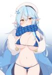  1girl :o areola_slip areolae ass_visible_through_thighs bikini blue_background blue_bikini blue_hair blue_scarf breasts commentary_request eyebrows_visible_through_hair hair_ornament hat highres hololive kazahari_kazuho large_breasts long_hair looking_at_viewer micro_bikini navel pointy_ears scarf solo swimsuit two-tone_background virtual_youtuber white_background white_headwear yellow_eyes yukihana_lamy 