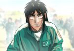  1boy absurdres black_hair blurry blurry_background commentary crossover english_commentary eyebrows_behind_hair green_jacket grey_eyes hair_behind_ear highres itou_kaiji jacket kaiji long_hair shirt sobbi11 solo_focus squid_game track_jacket twitter_username v-shaped_eyebrows white_shirt 