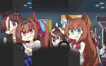  6+girls ^^^ animal_ears arcade arcade_cabinet bangs biwa_hayahide_(umamusume) black_jacket brown_hair ceiling_light chibi clenched_teeth daiwa_scarlet_(umamusume) dress hair_intakes hair_over_one_eye hamu_koutarou highres horse_ears horse_girl indoors jacket long_hair looking_at_another maruzensky_(umamusume) mihono_bourbon_(umamusume) multiple_girls open_mouth scarf sleeveless sleeveless_dress smile smoke steering_wheel sweatdrop teeth tiara tokai_teio_(umamusume) twintails umamusume v-shaped_eyebrows vodka_(umamusume) white_dress white_hair 