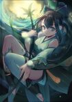  1girl absurdres bare_shoulders black_hair detached_sleeves green_eyes highres long_hair looking_at_viewer nemo_(leafnight) onmyoji pom_pom_(clothes) ponytail single_thighhigh solo thighhighs toeless_legwear very_long_hair white_legwear ying_grass 