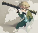  1boy brown_footwear fighting_stance formal glasses green_eyes green_pants gun jeff_andonuts long_sleeves m1_bazooka male_focus mother_(game) mother_2 pants rocket_launcher serious shifumame shoes short_hair smoke solo_focus suit suspenders weapon 