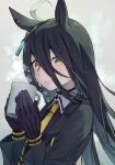  1girl ahoge animal_ears black_choker black_gloves black_hair black_jacket blush choker closed_mouth commentary cup eyebrows_visible_through_hair eyes_visible_through_hair gloves grey_background hair_between_eyes hair_ornament hands_up highres holding holding_cup horse_ears horse_girl jacket long_hair long_sleeves looking_at_viewer manhattan_cafe_(umamusume) necktie simple_background smile solo steam syuri22 umamusume upper_body very_long_hair wing_collar yellow_eyes yellow_necktie 