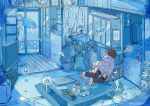  2boys 2girls blue_theme family fish flower highres husband_and_wife indoors mother_and_daughter mother_and_son mourning multiple_boys multiple_girls nara_lalana original portrait_(object) siblings surreal swimming underwater water 