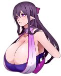  1girl bare_shoulders borrowed_character bow breasts camui_kamui cleavage elf hair_bow halter_top halterneck highres huge_breasts long_hair mole mole_under_eye mutsuki1128_(twitter_username) original parted_lips pointy_ears purple_eyes purple_hair solo strapless tube_top upper_body 