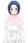  1girl absurdres ahoge bare_shoulders blush breasts bridal_gauntlets bridal_veil bride commentary_request dark_blue_hair dress forehead gloves highres hitodama_(madatohi) idolmaster idolmaster_(classic) idolmaster_million_live! large_breasts light_smile looking_at_viewer miura_azusa necktie own_hands_together petals short_hair simple_background sleeveless sleeveless_dress solo upper_body veil white_background white_dress white_gloves 