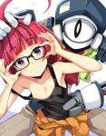  1girl 1other adjusting_eyewear ahoge ahoge-chan_(ogami_kazuki) bangs black_tank_top breasts cowboy_shot eyebrows_visible_through_hair glasses grin hand_on_another&#039;s_head huge_ahoge humanoid_robot looking_at_viewer ogami_kazuki original red_eyes red_hair robo_(ogami_kazuki) small_breasts smile tank_top white_background 