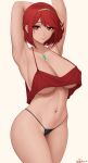  1girl absurdres arm_behind_head armpits arms_up bangs bare_shoulders black_panties blush breasts camisole chest_jewel cleavage collarbone commentary crop_top highres large_breasts looking_at_viewer navel panties pyra_(xenoblade) red_camisole red_eyes red_hair short_hair smile solo swept_bangs thighs tiara underwear xenoblade_chronicles_(series) xenoblade_chronicles_2 zaphn 