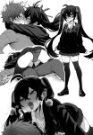  1boy 1girl after_kiss ahoge anger_vein angry arms_around_neck assertive_female bangs black_hair black_legwear blush bow bowtie breasts breath cleavage collared_shirt commentary crossed_bangs ear_blush french_kiss from_below fumitan_(humitan) girl_on_top greyscale hair_between_eyes hair_bow hetero highres hug implied_kiss kiss loafers long_hair long_sleeves looking_at_another looking_at_viewer looking_down miniskirt monochrome multiple_views nose_blush original panties pleated_skirt polka_dot polka_dot_panties saliva saliva_trail scowl shirt shoes sidelocks skirt surprise_kiss surprised sweater thighhighs tongue tongue_out twintails underwear upskirt v-shaped_eyebrows very_long_hair wide-eyed 