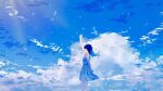  1girl blue_dress blue_hair blue_sky blue_theme cloud day dress long_hair original outdoors scenery shion_08 sky summer waving 