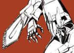  arm_blade chainsaw head_tilt highres kawasemi_alter looking_down mecha monochrome muvluv muvluv_alternative no_humans open_hand portrait red_background solo spot_color su-37_terminator_(muvluv) tactical_surface_fighter weapon 
