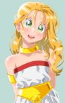  1girl armlet arms_behind_back bangs bare_shoulders blonde_hair blush breasts choker chrono_trigger collarbone green_eyes hair_down highres kuroi_ohagi long_hair looking_at_viewer marle_(chrono_trigger) open_mouth shiny shiny_hair simple_background smile solo teeth upper_body upper_teeth 
