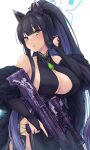  1girl animal_ears bangs black_hair blue_archive blunt_bangs breasts bridal_gauntlets bunching_hair china_dress chinese_clothes cleavage cleavage_cutout clothing_cutout detached_sleeves dress fur_trim green_eyes gun highres holding holding_gun holding_weapon large_breasts long_hair ponytail shun_(blue_archive) sideboob solo waa!_okami weapon 