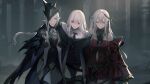  3girls :d aqua_headwear arknights ascot bangs bare_shoulders black_ascot black_dress black_gloves black_headwear breasts carrying carrying_under_arm clothing_cutout coat detached_sleeves dress game_cg gladiia_(arknights) gloves hair_between_eyes hair_over_one_eye half-closed_eyes jewelry long_hair long_sleeves looking_at_viewer looking_away multiple_girls navel_cutout necklace official_alternate_costume official_art open_mouth red_dress red_eyes ruins silver_hair skadi_(arknights) skadi_the_corrupting_heart_(arknights) smile specter_(arknights) standing thighhighs third-party_source very_long_hair white_ascot 
